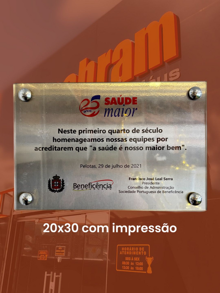 PLACA DE PAREDE 20x30 EM AÇO INOX - COM IMPRESSÃO NO VINIL 